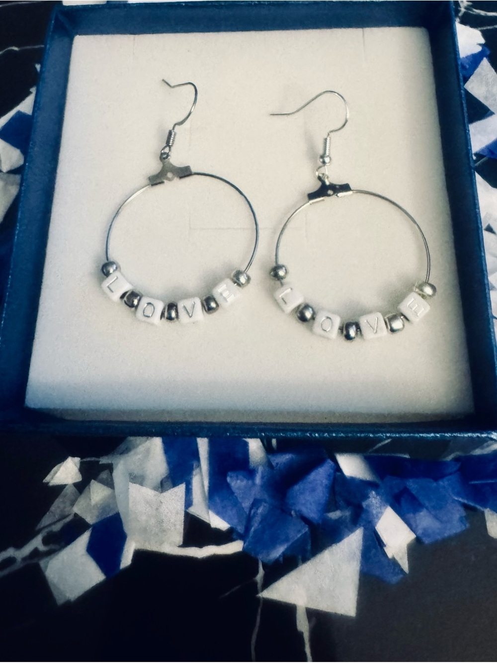 Silver Hoop Earrings with White 'LOVE' Letter Beads